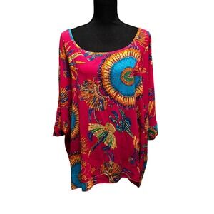 Women 3/4 Sleeves  High Low Hem Loose Tunic Top - Pink Size XL